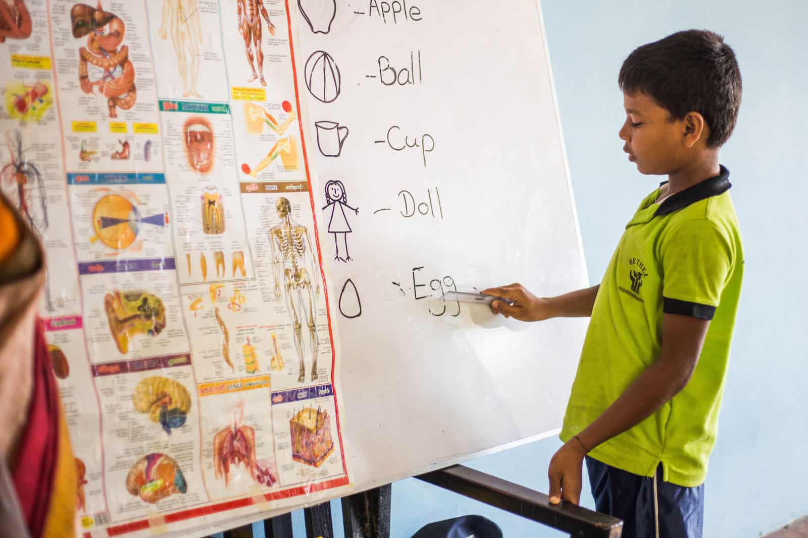 A boy stands in front of a white board with English words written on it.