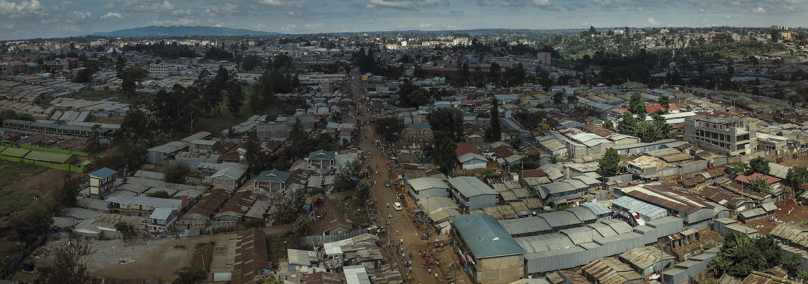 An overhead view of Kibera, a slum in Nairobi, Kenya