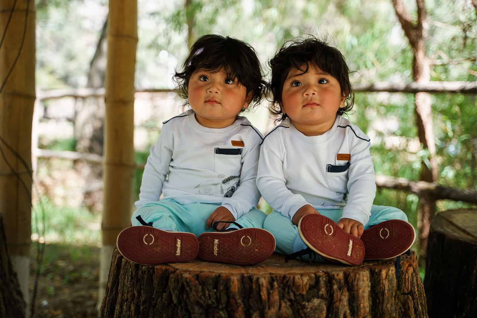 Two Peruvian toddlers sitting on a tree stump