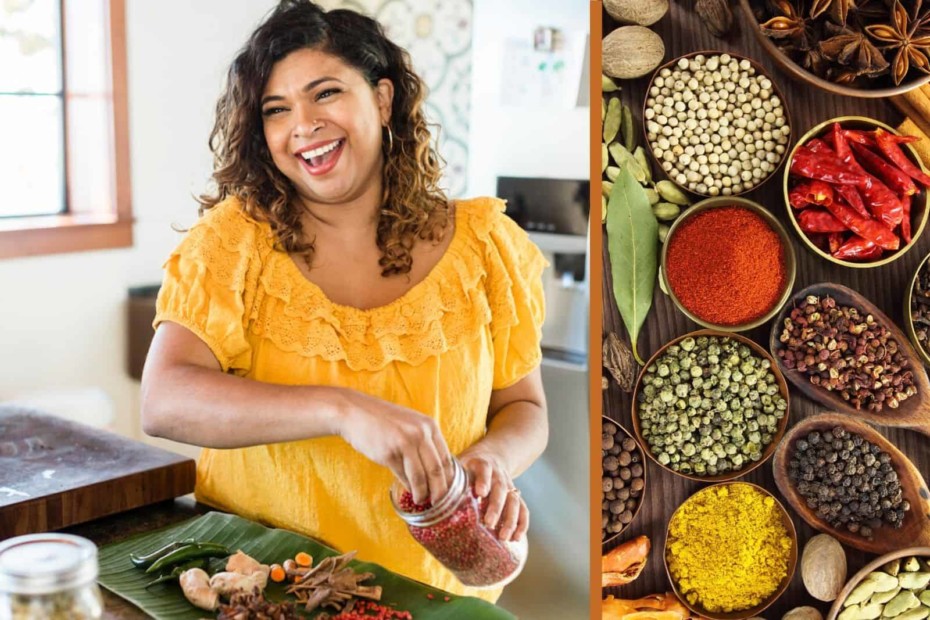 Aarti Sequeira cooks in a kitchen.