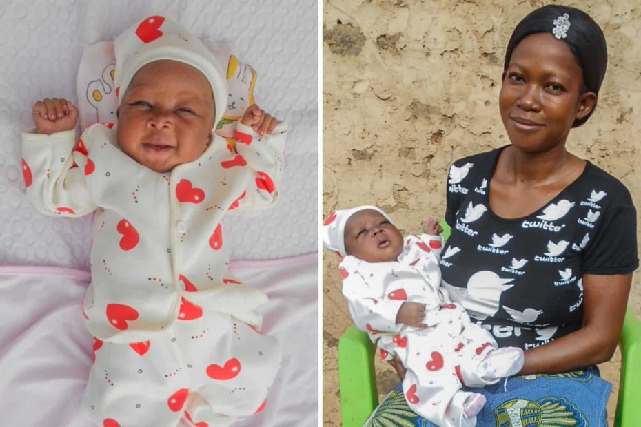 A baby on a blanket in a white and red outfit and a woman holding a baby.