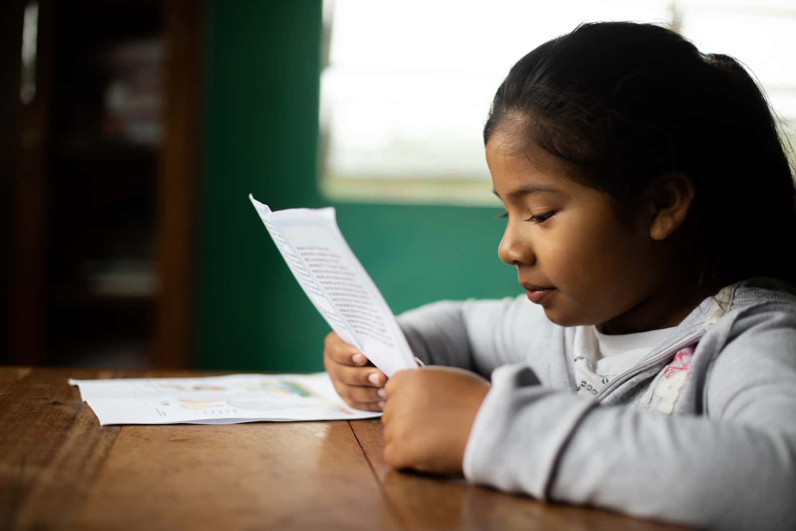 A girl reads a letter.