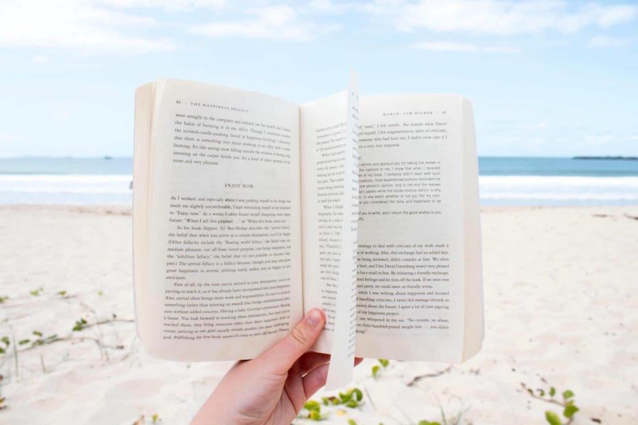 A hand holds a book on a beach