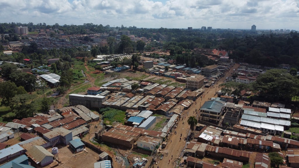 An aerial view of Gatina slums in Nairobi, Kenya. It is typical of many slums in Kenya with no infrastructure, electricity, running water, or sewer.