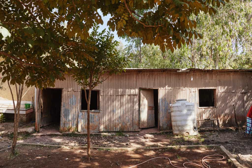 A white tank, metal drum sits in front of a pink and tan building made of corrugated metal. There are trees in the foreground and background.