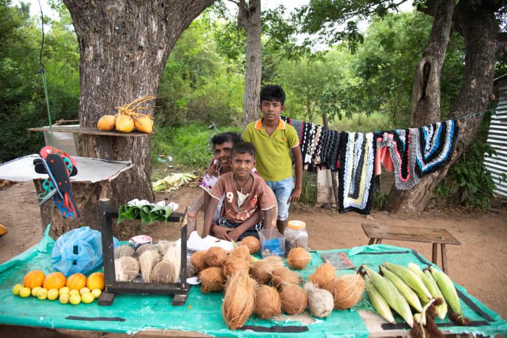 Jasintha sells seasonal goods with her two sons Hashen and Hasintha near the road side to travelers during the agricultural off season. They are all pictured here with the table of items they sell in front of them.