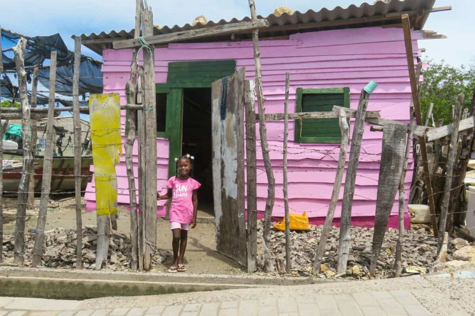 A girl wearing pink stands outside a small pink home with a tin roof. There is a fence made of pieces of wood and barbed wire around the home.