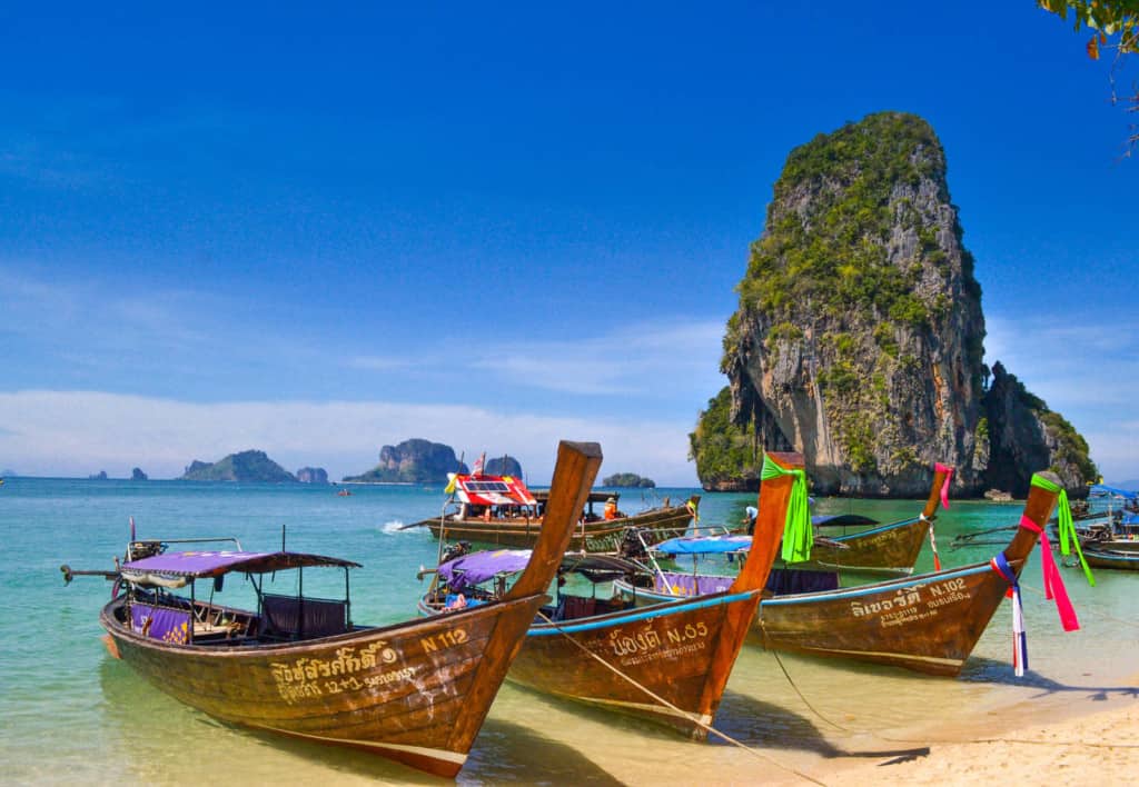 Boats on the shore of Phra Nang Beach, Krabi, Thailand
