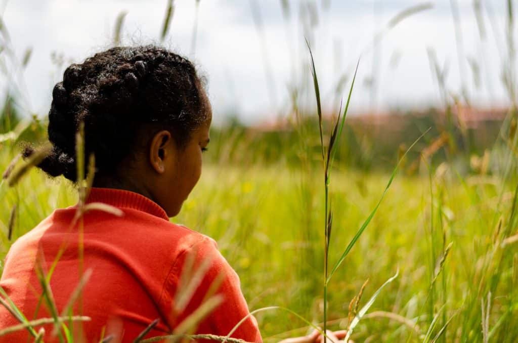 A girl with her hair in braids and wearing a red shirt sits in a grassy field.