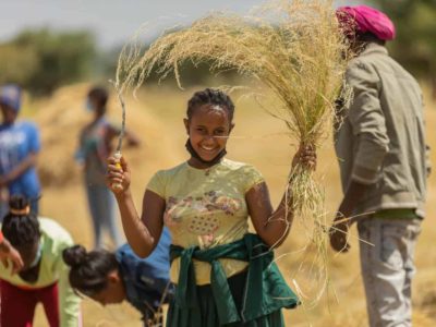 A girl wearing a yellow shirt is holdng a sickle in one hand and a plant she harvested in her other hand. Other people are behind her and are helping with the harvest.