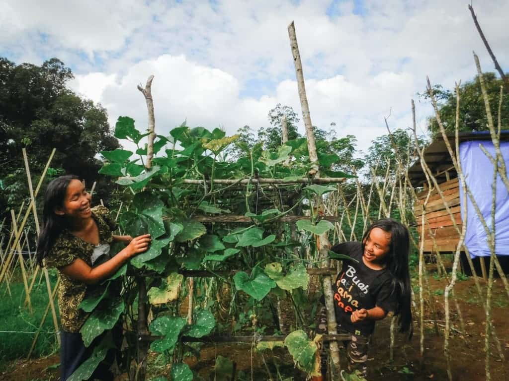 Meisy is wearing a black shirt. She is in the garden with her mother, Lusiana. They are peeking around the plants at each other. Their home is in the background.