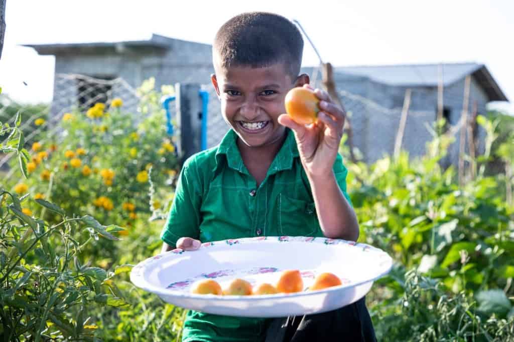 A child holds up a piece of fruit picked from a garden in Sri Lanka