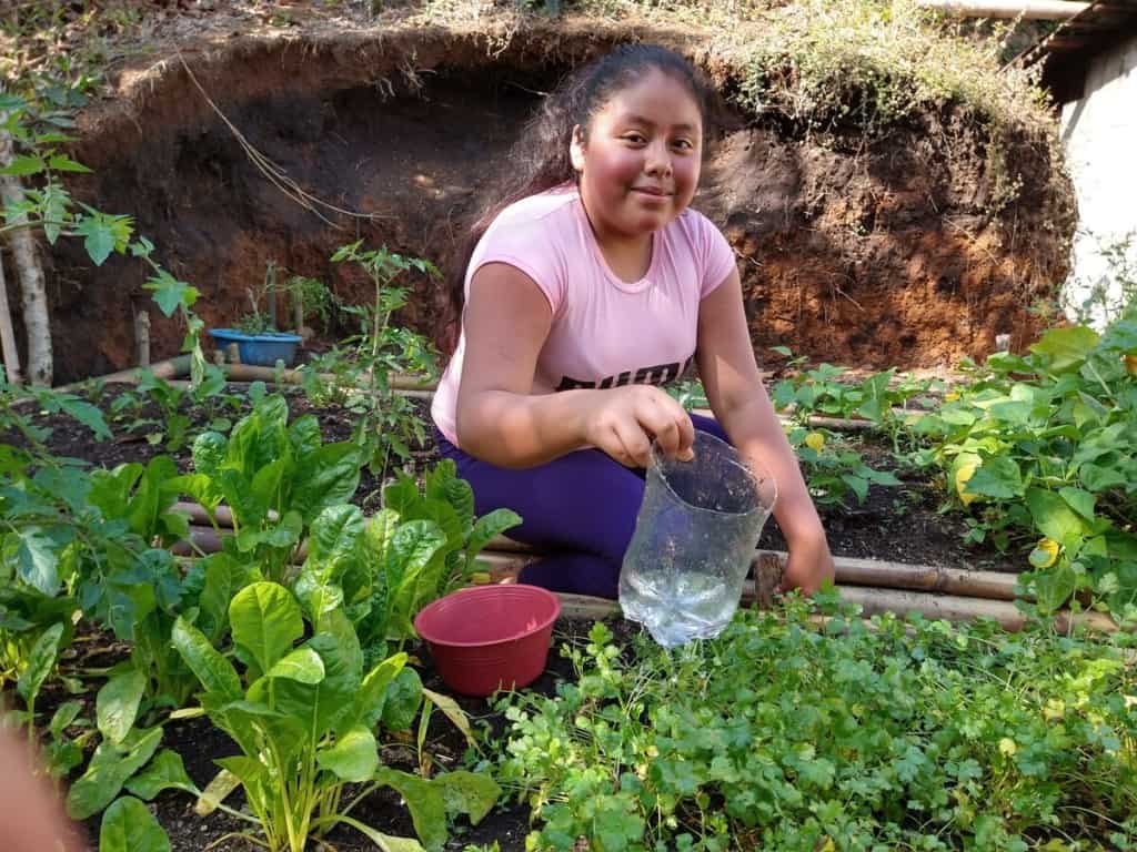 A youth wearing a pink shirt and purple pants holds a watering can made of a 2-liter soda bottle. She is squatting in a garden and ready to pour water on the plants