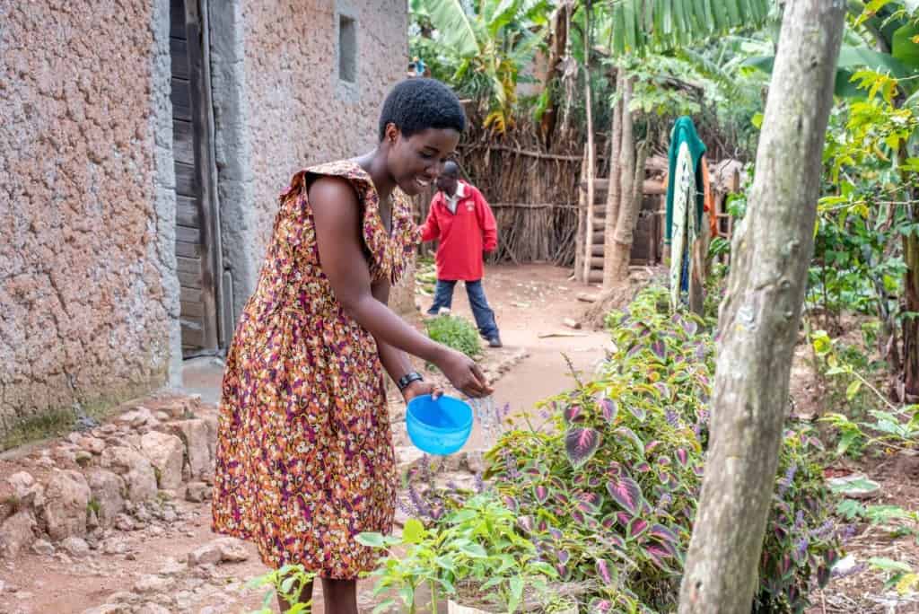 A person wearing a colorful dress sprinkles water on colorful plants in a garden in Rwanda