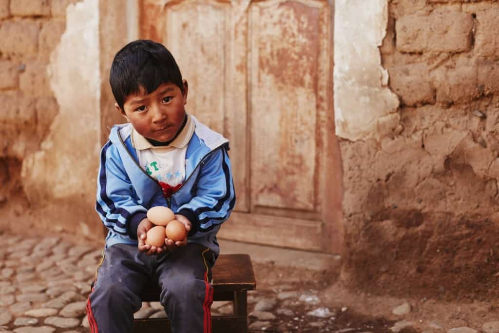 Kevin, in a blue jacket, sits on a wood stool in front of a door holding brown chicken eggs in his hands.