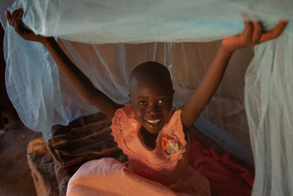 Abigail is wearing a light pink dress and is holding a mosquito net up above her head.