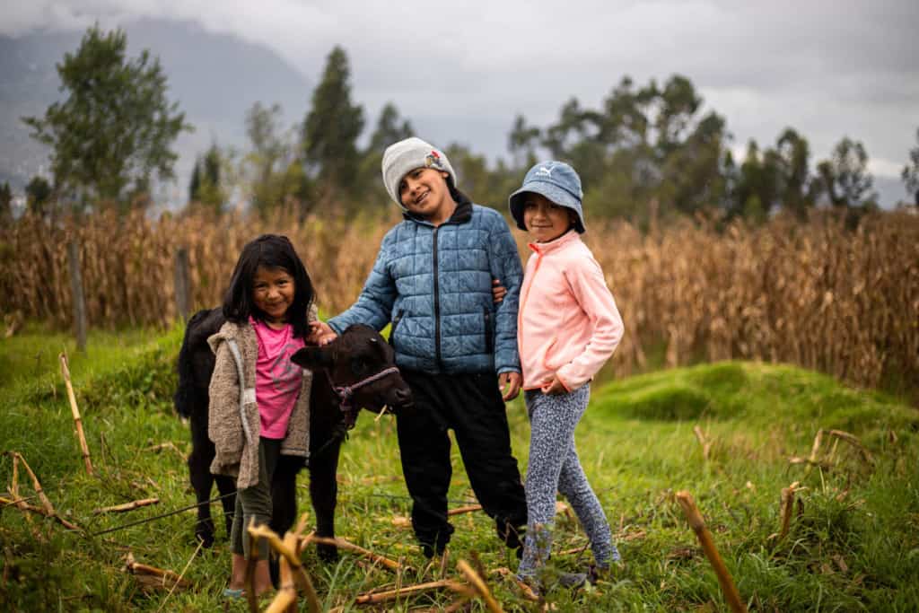 Aylin, wearing a pink shirt and tan jacket, Elian, wearing a blue jacket and black pants, and Leslie, wearing a pink jacket and gray pants, are standing in the field taking care of one of their calves.