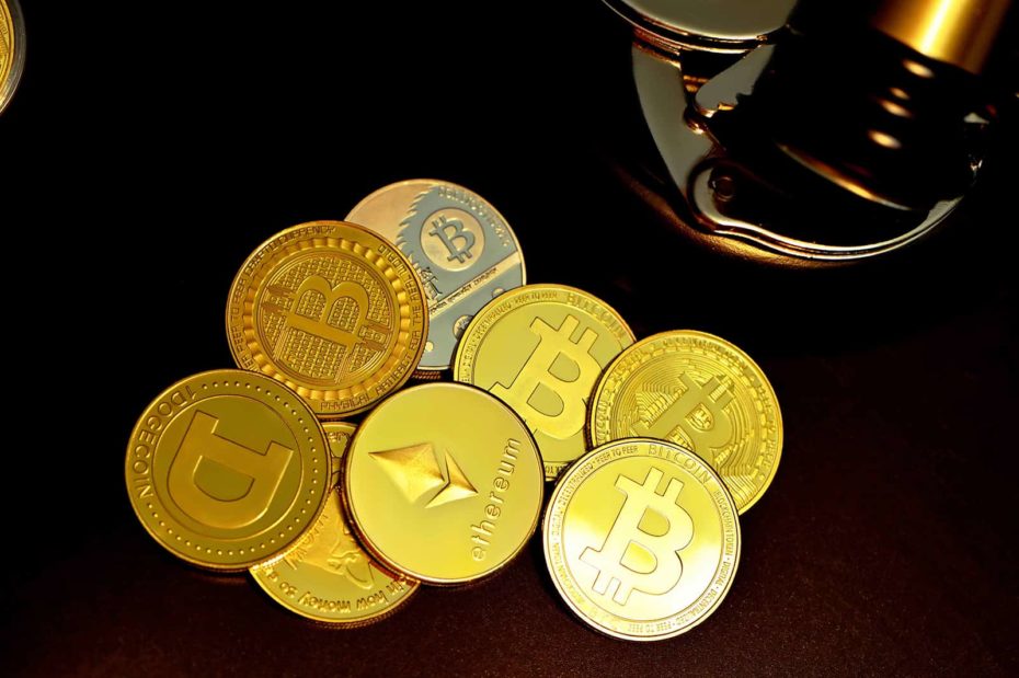 A photo depicting cryptocurrency coins such as bitcoin, Ethereum and Dogecoin