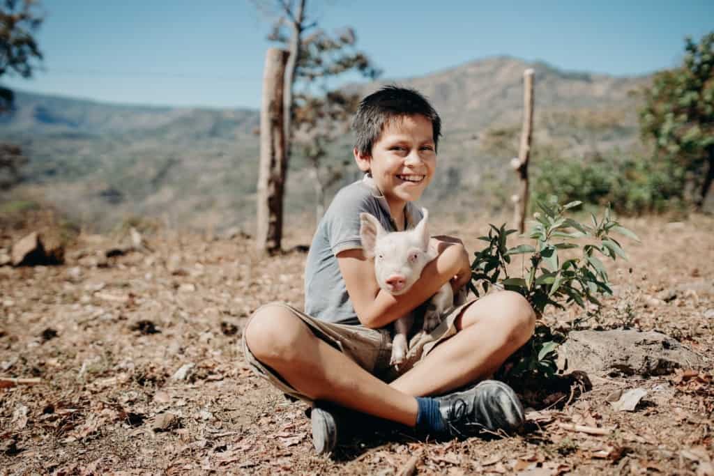 Jose, in a gray shirt, is sitting on the ground holding a white baby pig, piglet. There are mountains and a fence in the background. 